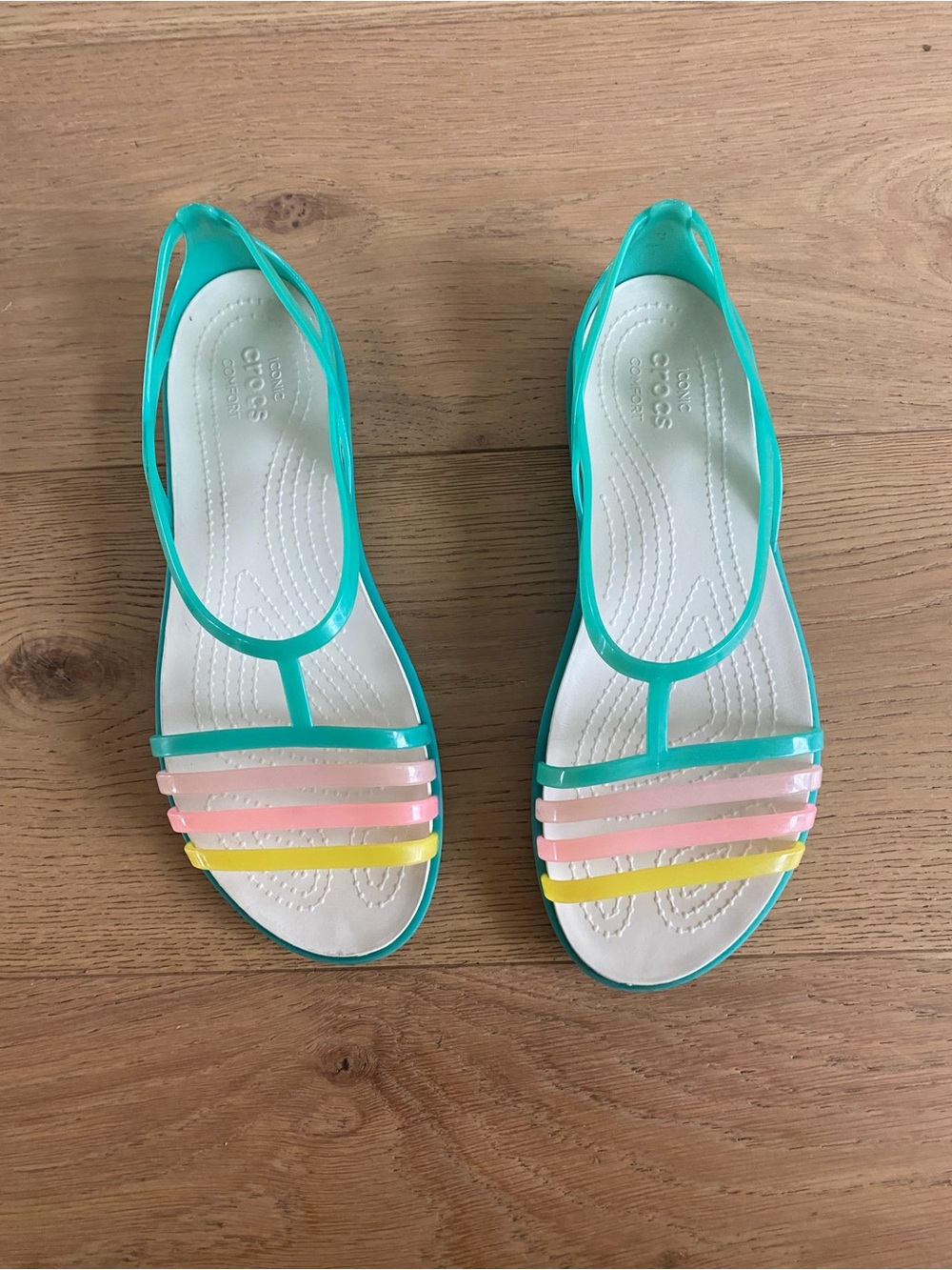 CROCS Teal Jelly Sandals with Pastel Pink and Yellow Straps